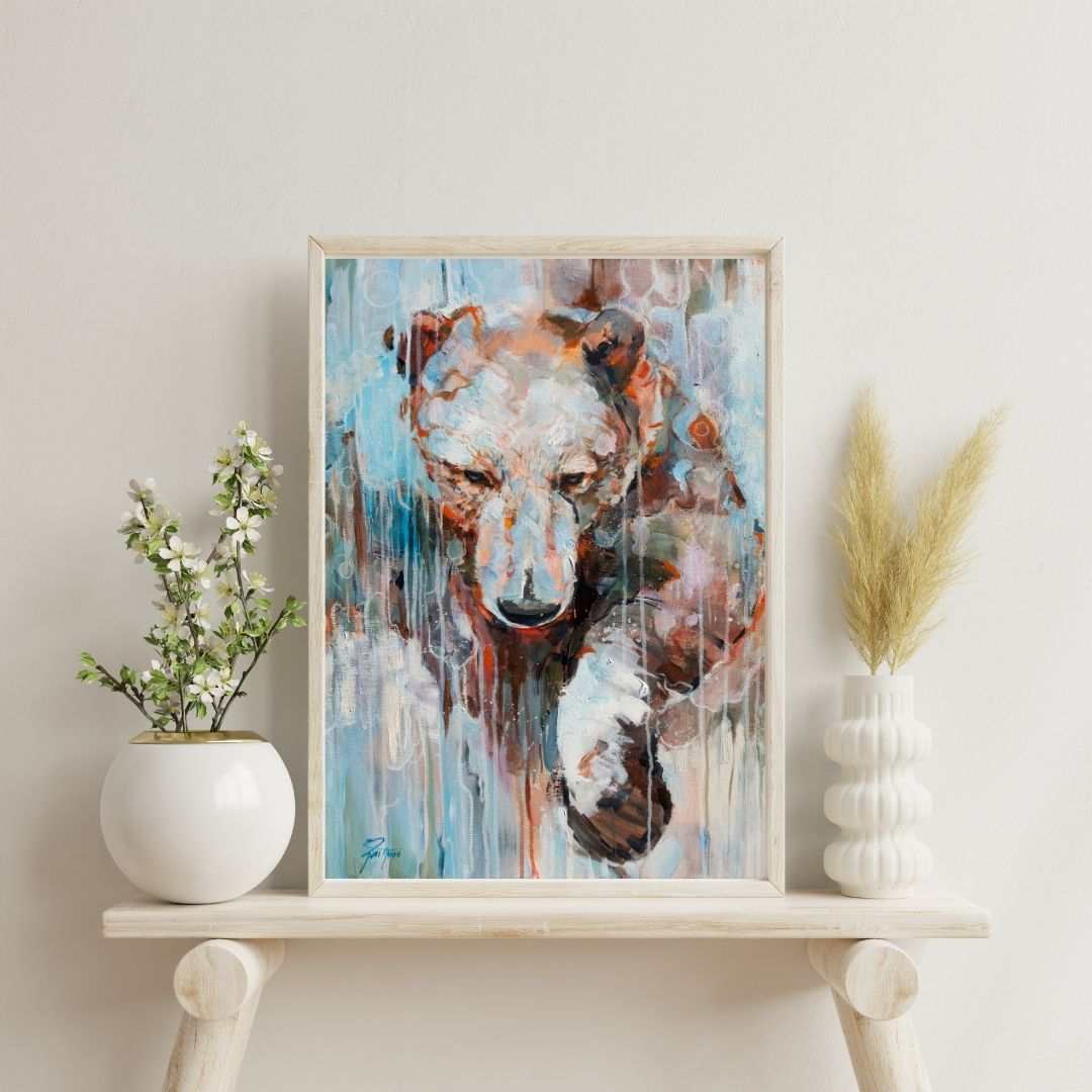 Karhu voimaeläin juliste, villieläintaide, karhu taide. Karhu maalaus.